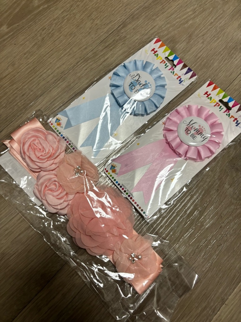 SHEIN Pink and Light Blue Floral‎ Headband Set with Ribbon Badges